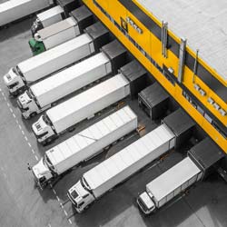 Aerial photograph of a fullfilment company's truck loading dock.